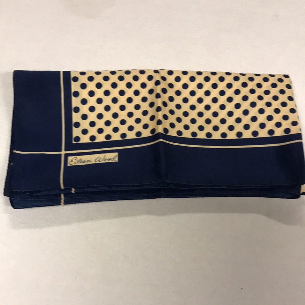 Vintage Eileen wood women scarf navy tan polkadot square classic old money